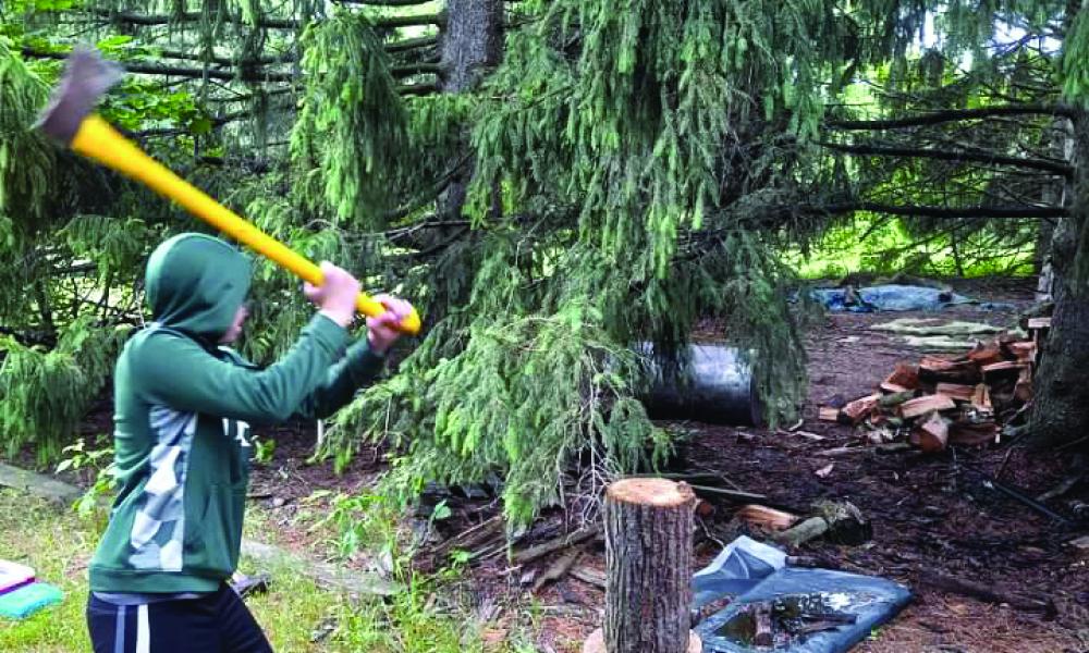 St. Francis Retreat Center in DeWitt – boy splitting wood
