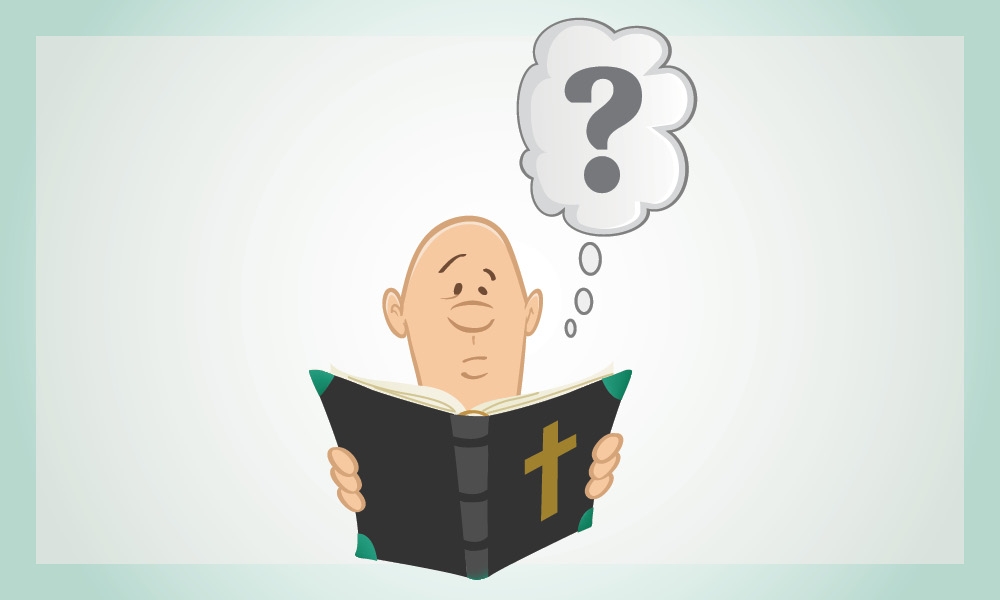 Illustration of bald man reading the Bible with a question mark within a thought bubble above his head