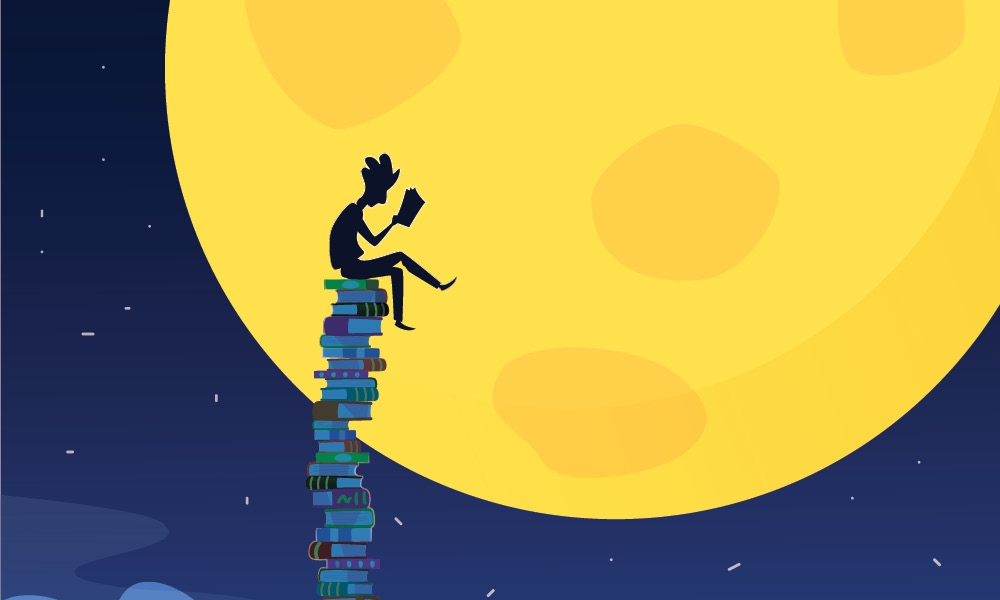 Illustration of a person sitting on top of a tall stack of books and reading in front of the moon