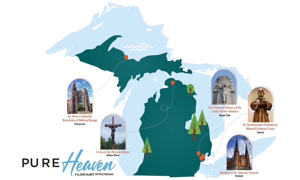 Map of Michigan with pilgrimage sites