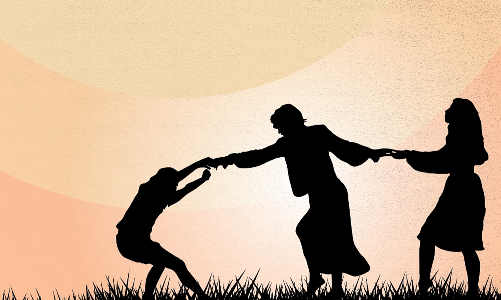 Illustration of three silhouettes playing in grass