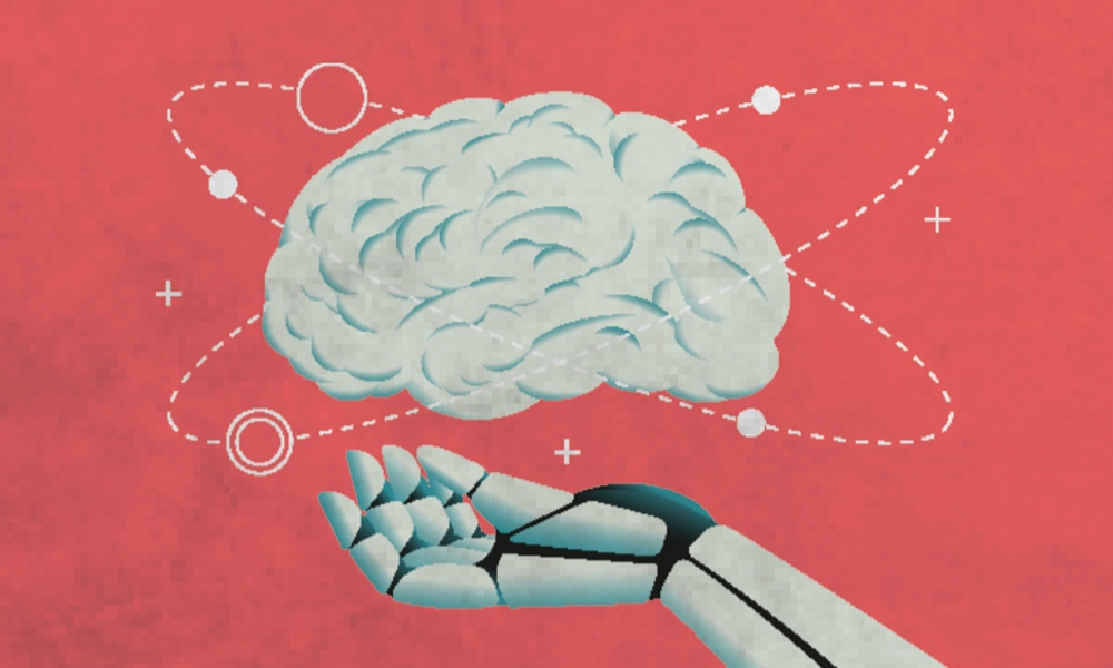 Illustration of a robot hand beneath a hovering human brain on a red background