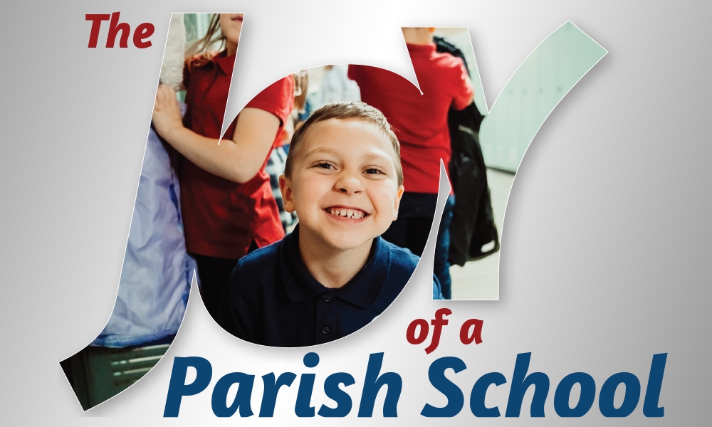 Young boy grinning within the outline of letters spelling joy