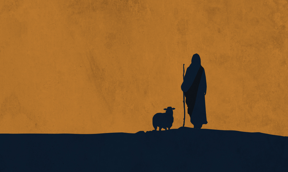 Illustration of a shepherd and a lone sheep facing a sunset