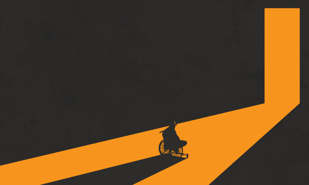 Illustration of a person in a wheelchair in the dark facing a lit, open door