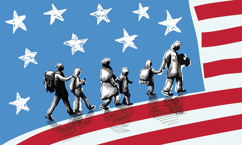 Illustration of immigrants walking within the US flag