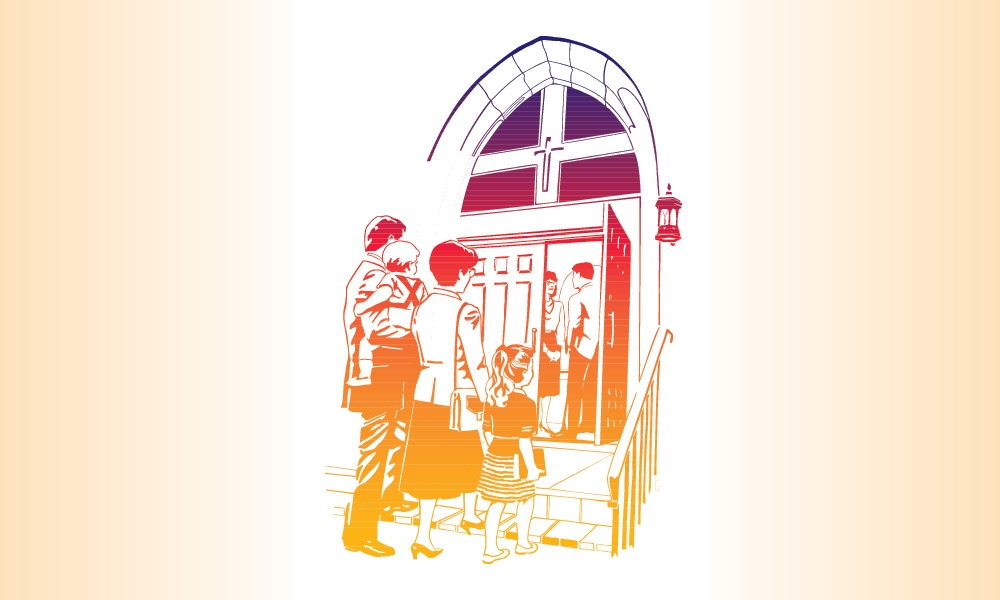 Illustration of a family going into a church