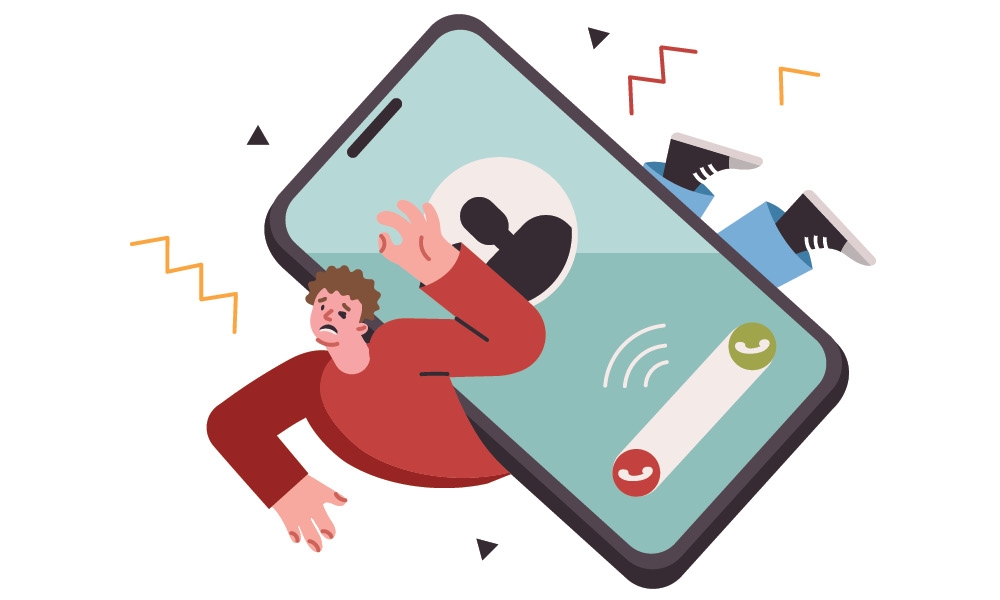 Illustration of person being crushed by a smartphone