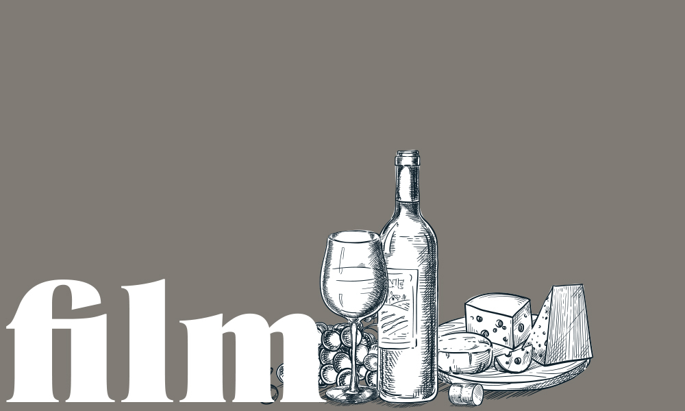 Film with illustrated wine, cheese, and grapes